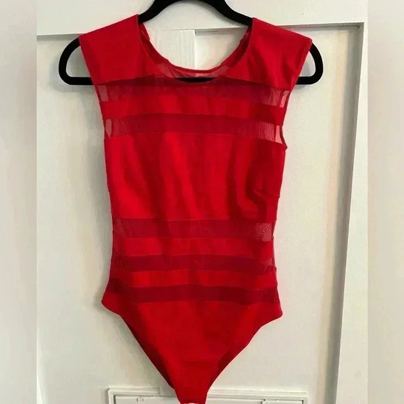 Suki Cohen Red Sheer panel Bodysuit swimsuit size Large - Picture 1 of 8